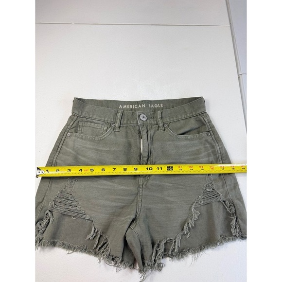 American Eagle Olive Green Distressed Denim Shorts High Waisted Size 2 - Picture 3 of 10